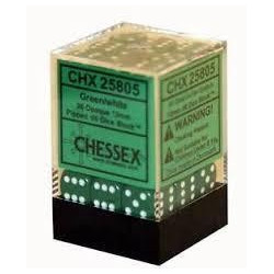 Chessex - D6 Brick 12mm Opaque Dice (36) - Green / White